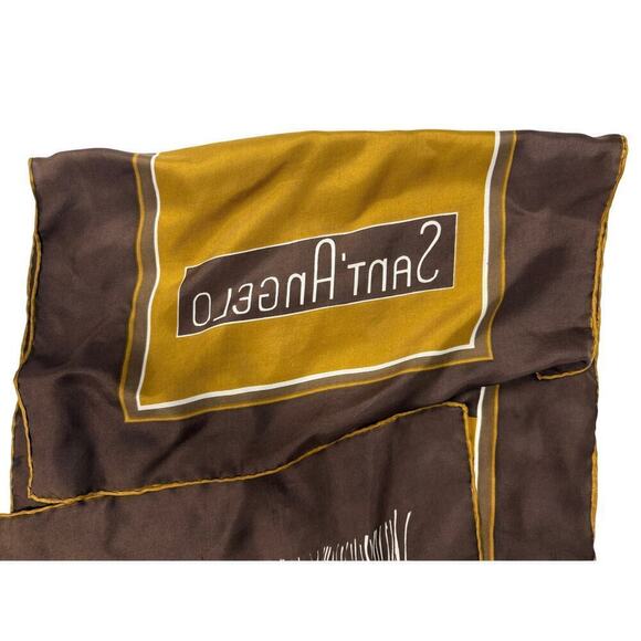 VTG Giorgio Di Sant' ANGELO Brown Gold Silk Scarf Fringe Print Oblong 70s Unisex - Picture 4 of 6